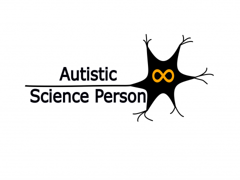 Autistic Science Person with a cartoon of a neuron and a yellow infinity symbol in the middle of it.